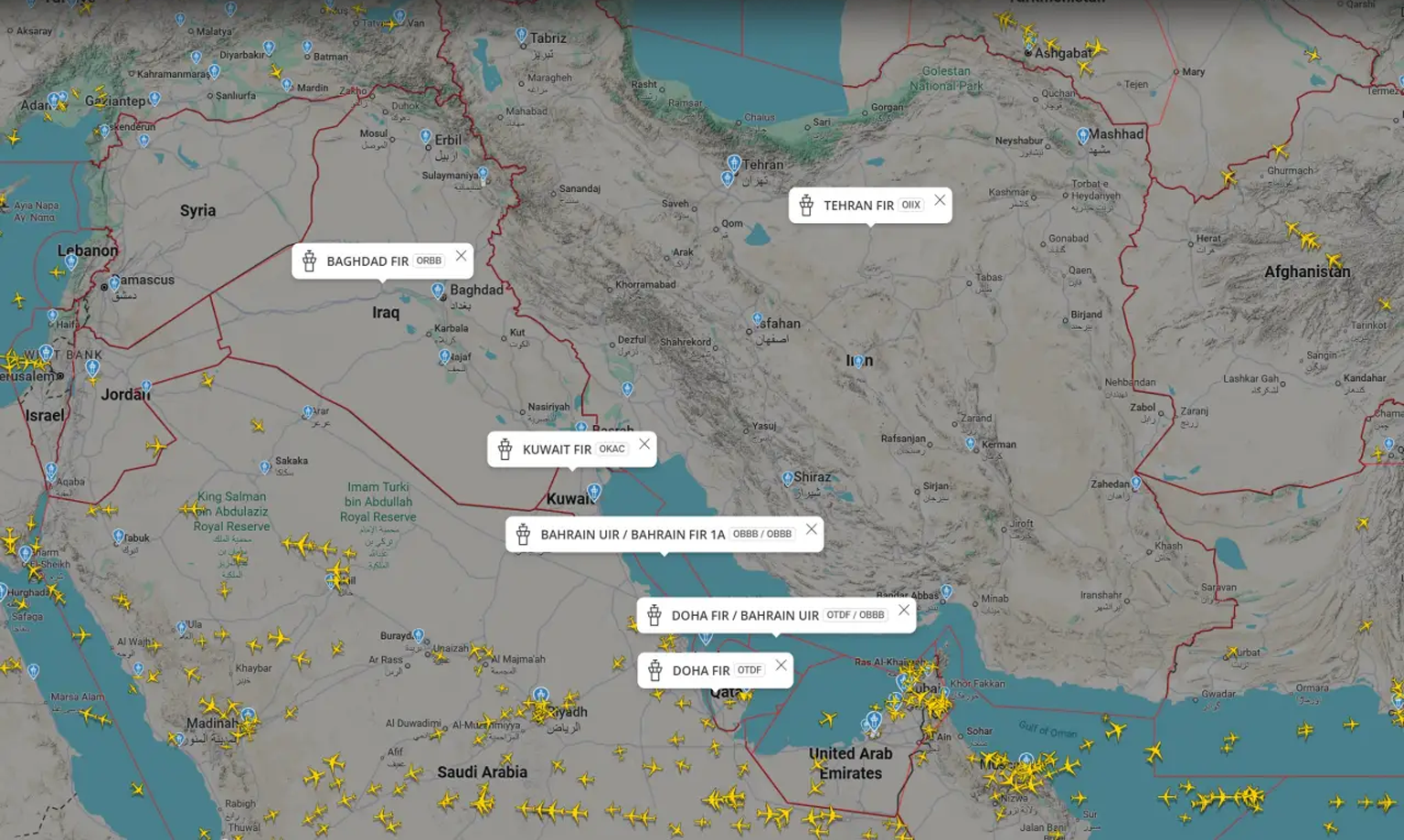middleeast airspace flight zone