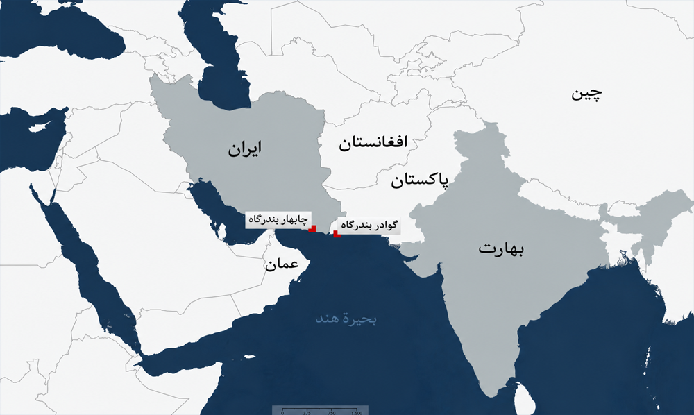 ایران میں واقع چابہار بندرگاہ اور امریکی پابندیاں کے اثرات کو ظاہر کرتا ہوا نقشہ