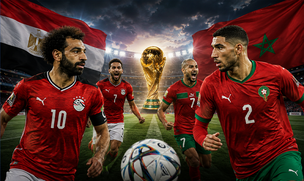 فیفا ورلڈ کپ 2026 کے ناک آؤٹ میچز اور مصر و مراکش کی ٹیموں کا ایک تصویری خاکہ