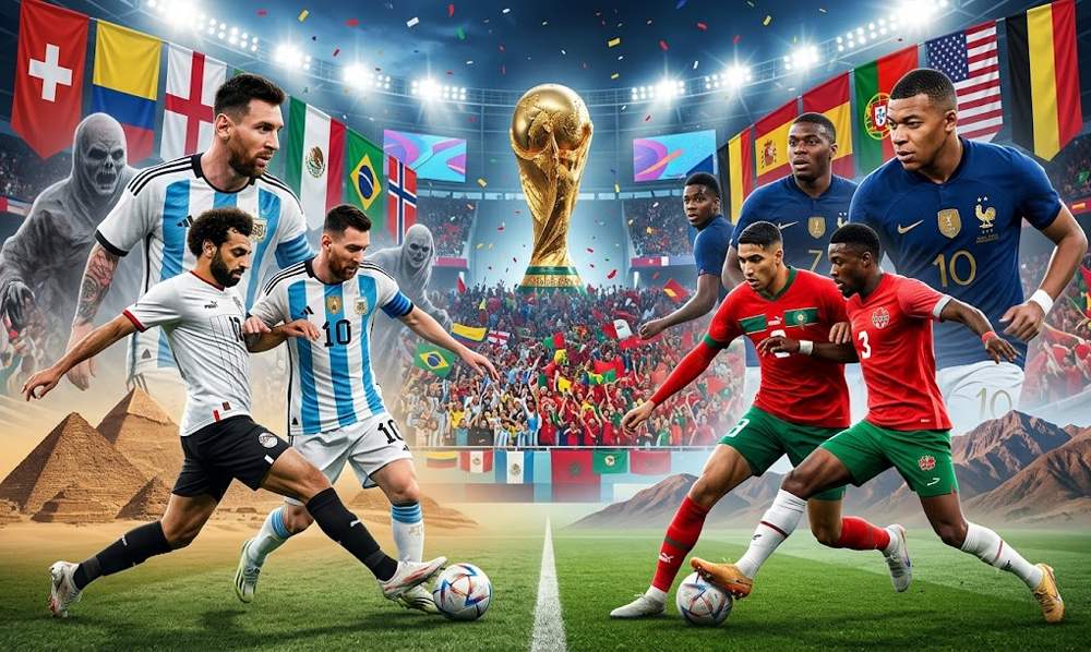 فیفا ورلڈ کپ 2026 کے ناک آؤٹ میچز اور مصر و مراکش کی ٹیموں کا ایک تصویری خاکہ