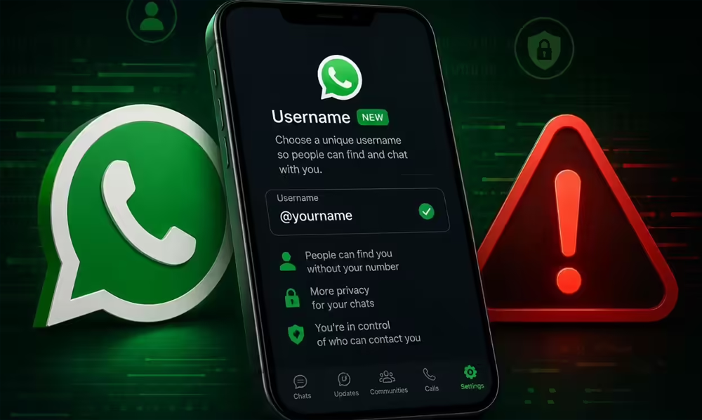 واٹس ایپ کے نئے یوزر نیم فیچر اور ڈیجیٹل شناخت کے تحفظ کا ایک تصویری خاکہ