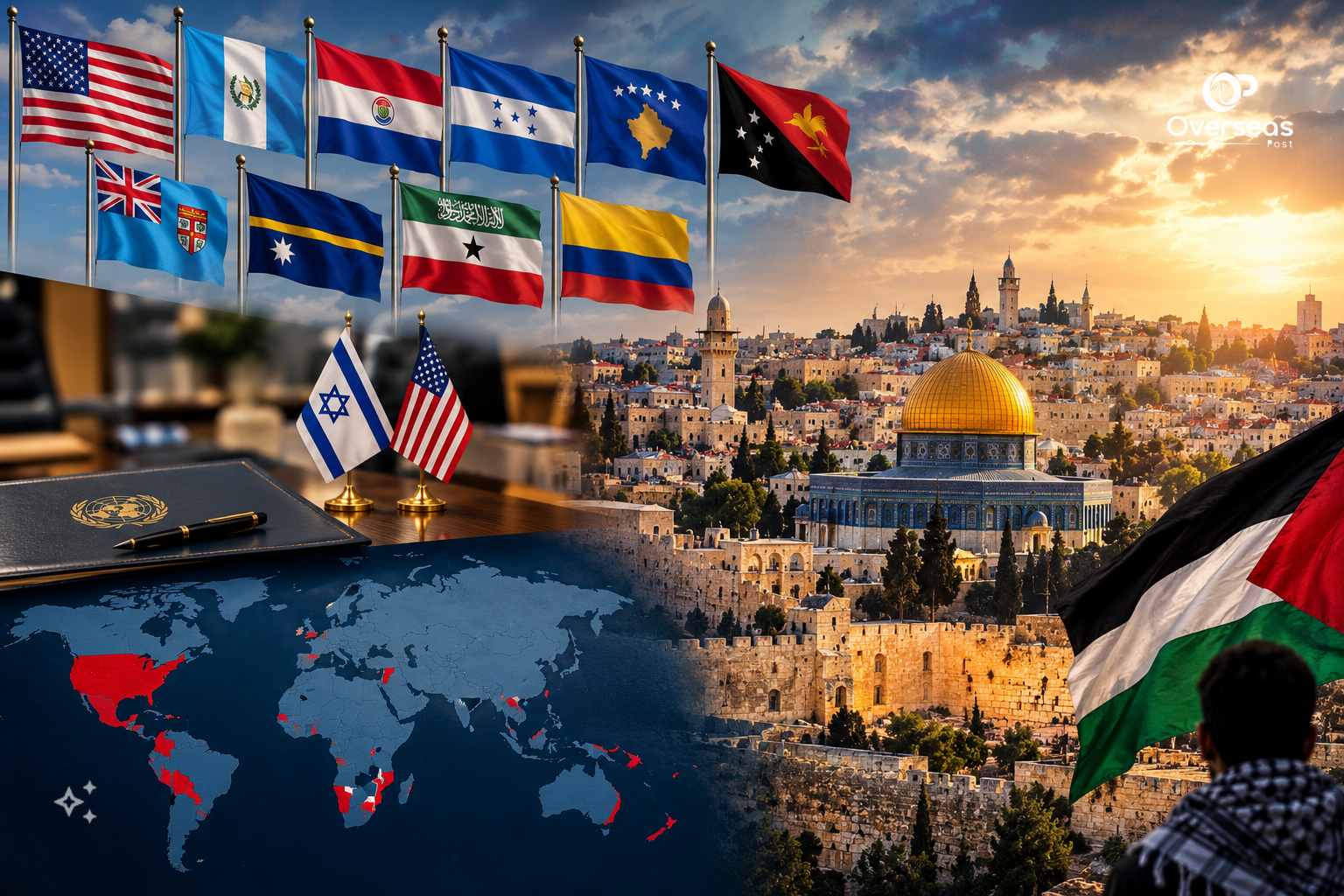 مقبوضہ بیت المقدس میں غیر ملکی سفارت خانوں کی عمارت اور اسرائیلی پرچم